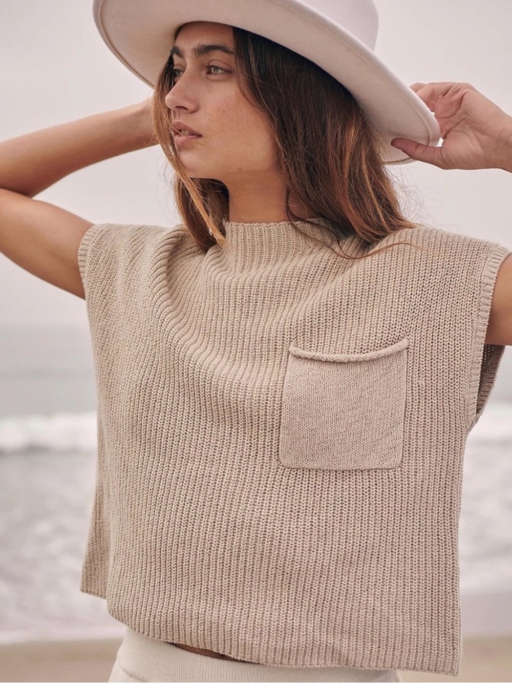Free People Cream Beige Knit Scoop Neck Sweater with Pocket